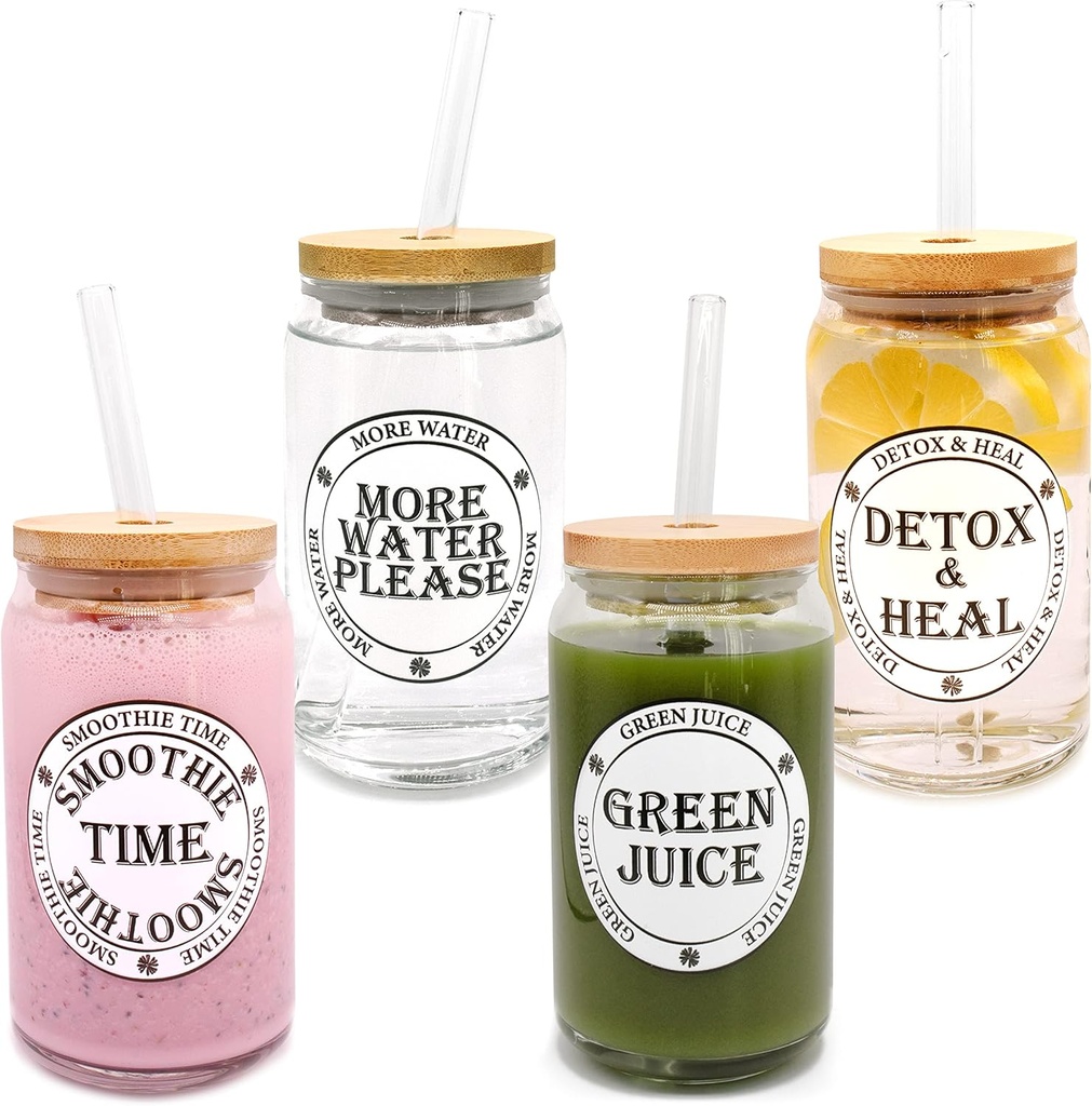 I CUBE Glass Cups with Lids and Straws 4pcs Set 16oz Can Shaped Glass Cups, Smoothie Cup, Green Juice, Water Cup, Detox Drink Cup, Glass Tumbler, Gift 1 Cleaning Brush