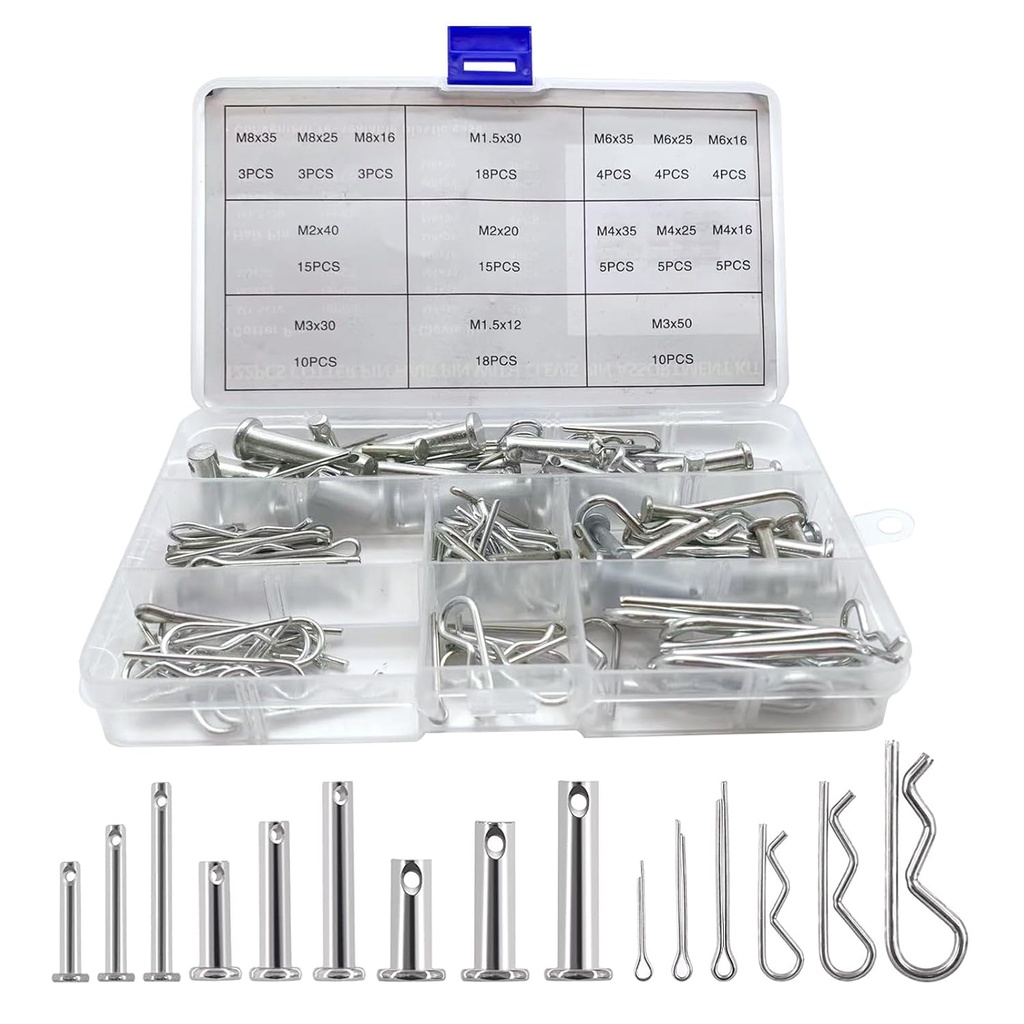 Boatsea 122Pcs Cotter Pin Hair Pin Clevis Pin Assortment Kit,R Clips Retaining Hair Pins Assortment, Including Single Hole Clevis Pin&Split Cotter Pin&R Clip Hitch Pin for Trailer Latch, Zinc-Plated