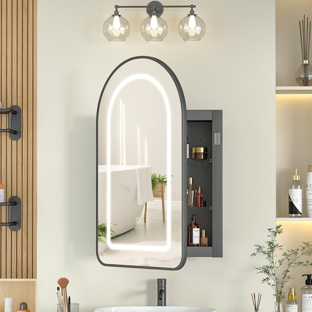 16x26 Recessed Medicine Cabinet with Lights,Brushed Black Arched Medicine Cabinet with Mirror for Bathroom,3-Color Lighted Mirrored Cabinet Wall Mounted,Bathroom Vanity Mirror with Storage