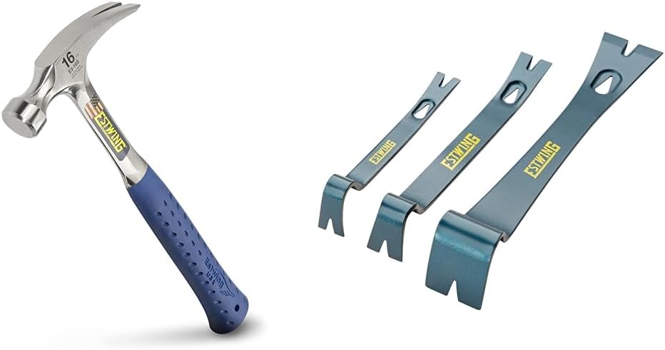 ESTWING Hammer - 16 oz Straight Rip Claw with Smooth Face & Shock Reduction Grip - E3-16S & 3-Piece Pry Bar Set - 5.5", 7.5" & 10" Nail Pullers with Wide, Thin Blades