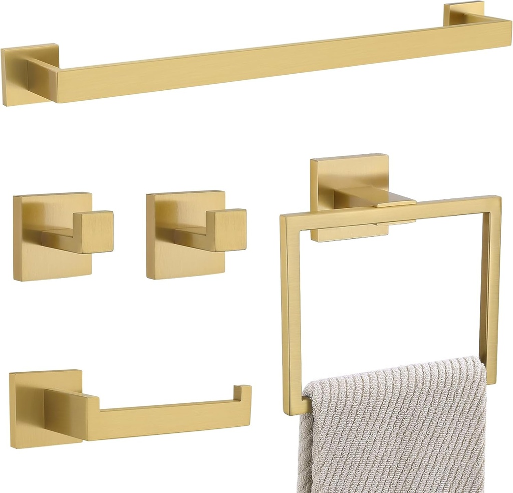 YACVCL 5 Pieces Brushed Gold Towel Bar Set Bathroom Hardware Set Towel Holder Set for Bathroom, 23.6 Inch Bathroom Accessories Set Stainless Steel Wall Mounted Towel Racks Set