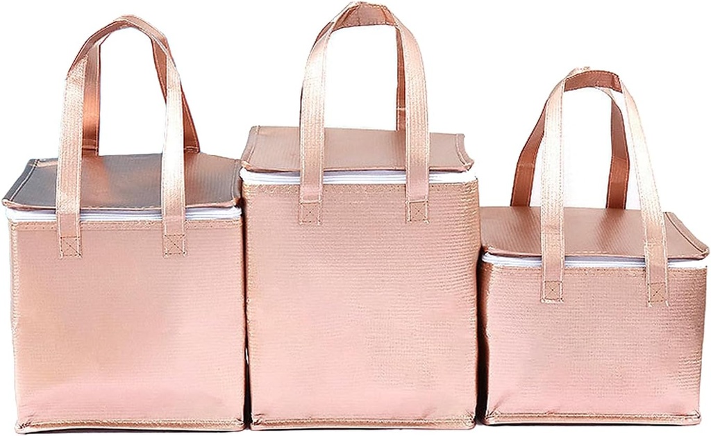 2Pack 13.8×13.8×15.8" Same Size Reusable Insulated Zipper Aluminum Foil Tote Bag Suit for Picnic Cake Fruit Drink Refrigeration Also for Delivery of Takeaway Thermal Pizza Insulated Delivery(ROSE Gold