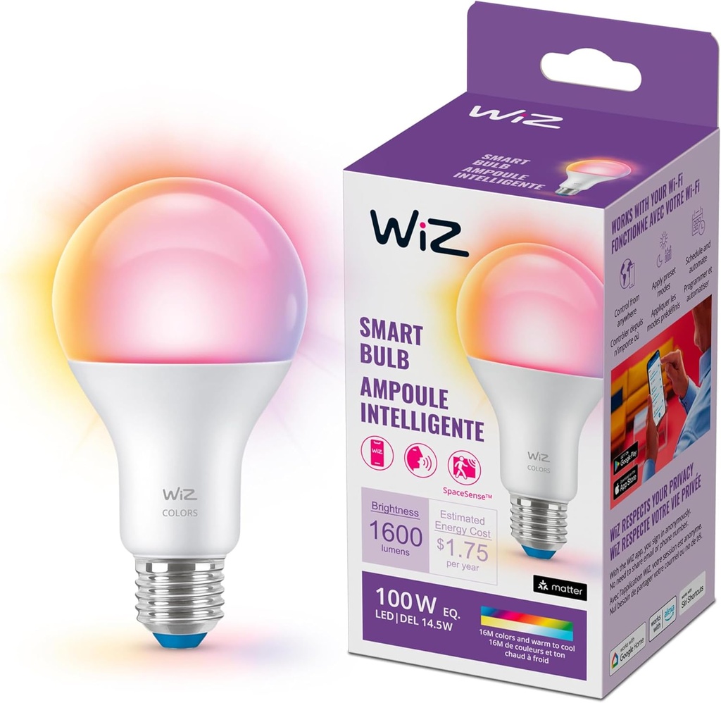 WiZ Connected 100W A21 LED Smart Light Bulbs - Connects to Your Wi-Fi - E26 Smart Bulb - Control with Voice or App + Activate with Motion - Matter Compatible - 1 Pack