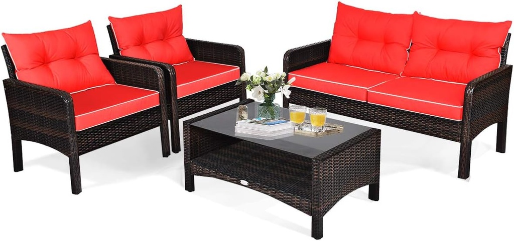 RELAX4LIFE 4-Piece Patio Furniture Set - Outdoor PE Rattan Conversation Set w/Tempered Glass Table & Removable Cushions, Sectional Wicker Sofa Set for Garden, Poolside (Red)