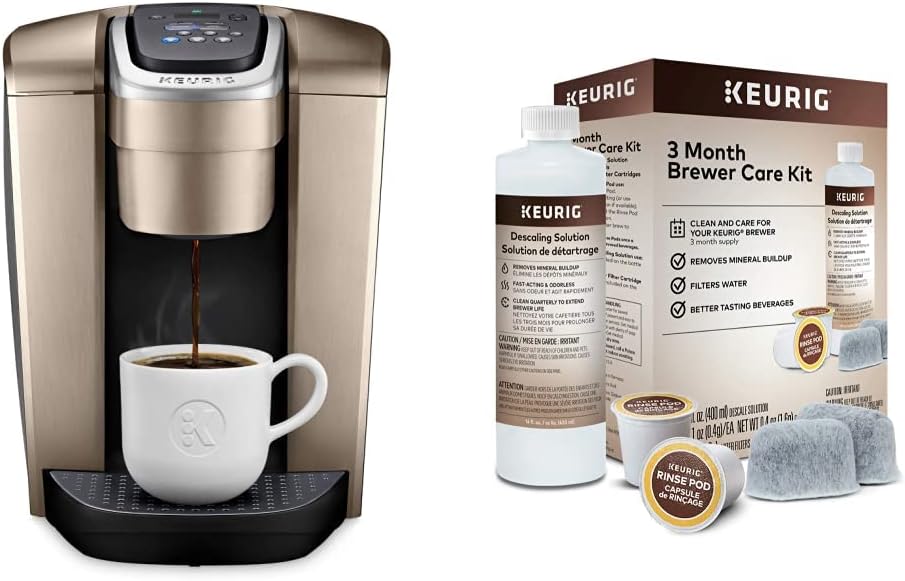 Keurig K-Elite Coffee Maker, Single Serve K-Cup Pod Coffee Brewer, Brushed Gold & 3-Month Brewer Maintenance Kit Includes Descaling Solution, Water Filter Cartridges & Rinse Pods, 7 Count