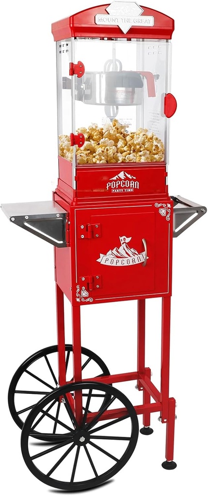 10oz Popcorn Machine with Cart, 10oz Popper Stainless-Steel Kettle & Warming Light, Makes Up to 48 Cups, Ideal for Family Gatherings, Movie Theaters & Amusement Parks, Red
