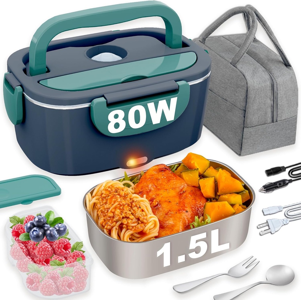 Nifogo Electric Lunch Box Food Heater 80W Heated Lunch Boxes for Men 1.5l Electric Lunch Box for Adults Portable 12/24/110V Heating Lunchbox for Work/Car/Truck with Insulated Bag(1.5L-Blue)