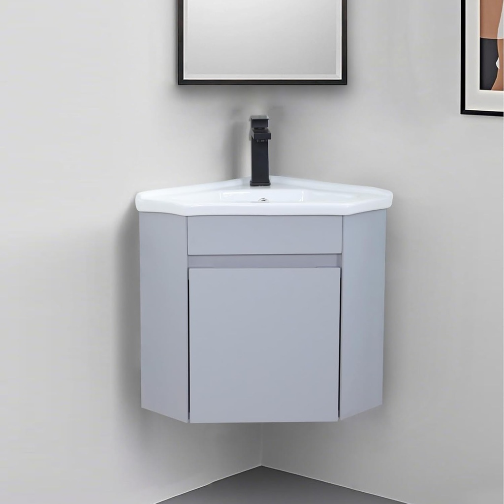 16 Inch Small Corner Bathroom Vanity with Sink, Grey Floating Vanity for Small Space, Wall Mounted Cabinet with 1 Soft-Close Door