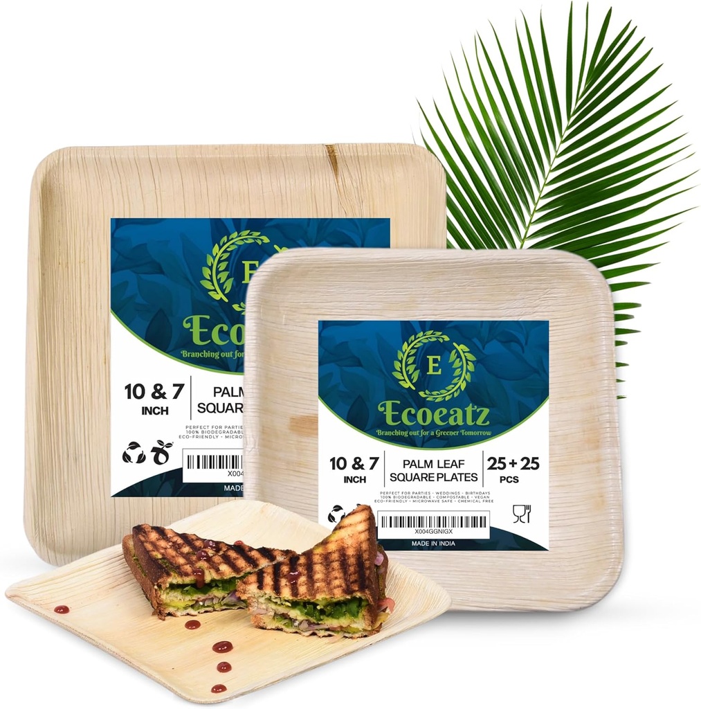 Palm Leaf Plates 50 Pc -10" & 7" Square Bamboo Disposable Plates, Heavy-Duty Biodegradable Dinnerware Set, Sustainable Plate, Microwave Safe, Party Plate for Weddings, BBQs & Events