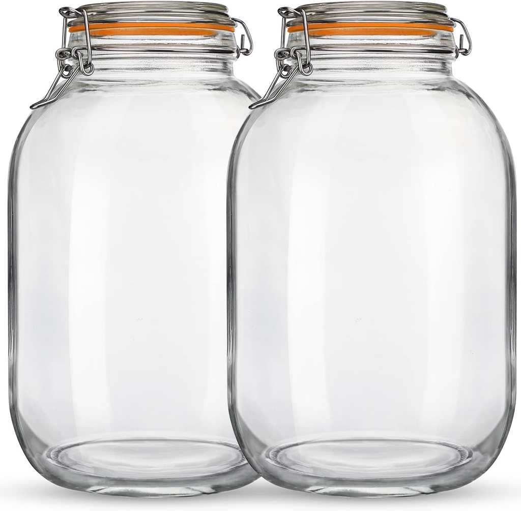 Glass Jars with Airtight Lids, 2 Pack - 1 Gallon Wide Mouth Storage Mason Jars with Hinged with 1 Replacement Silicone Gaskets for Fermenting, Canning, Preserving