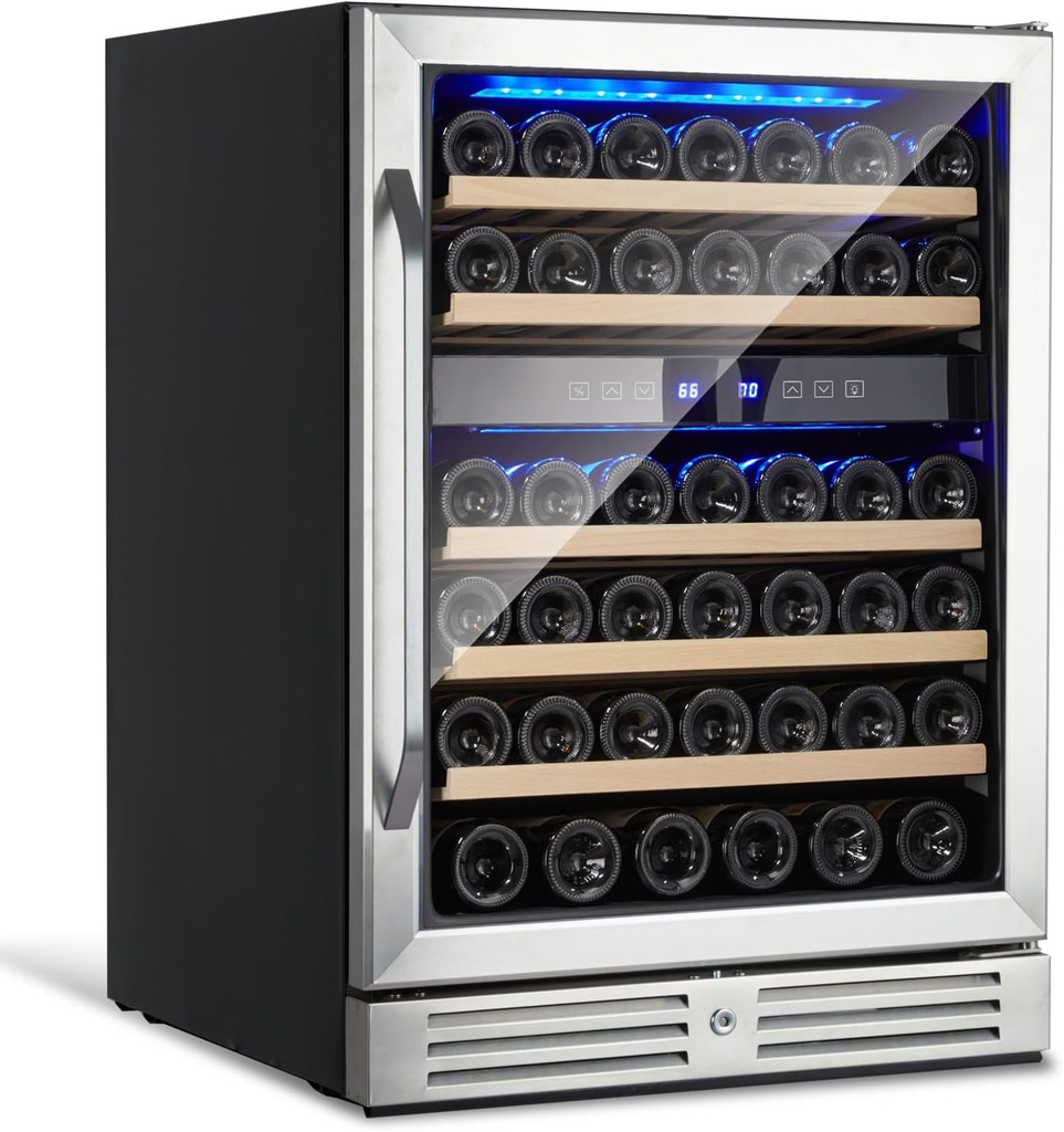 46 Bottle Wine Cooler Refrigerator, 24 in Dual Zone Built-in Wine Fridge, Under Counter Wine Cellar, Double-Layer Tempered Glass Door with Lock, Digital Temperature Control
