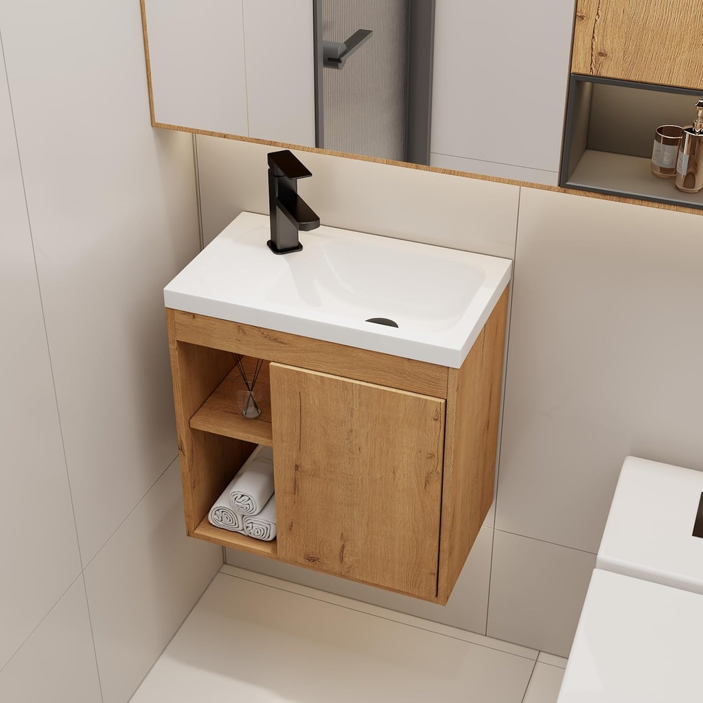 eclife 20" Floating Bathroom Vanity Sink Combo for Small Space, Wall-Mounted Guest Toilet Wash Basin Cabinet with Opening Shelf, Soft Closing Door, Natrual Veneered