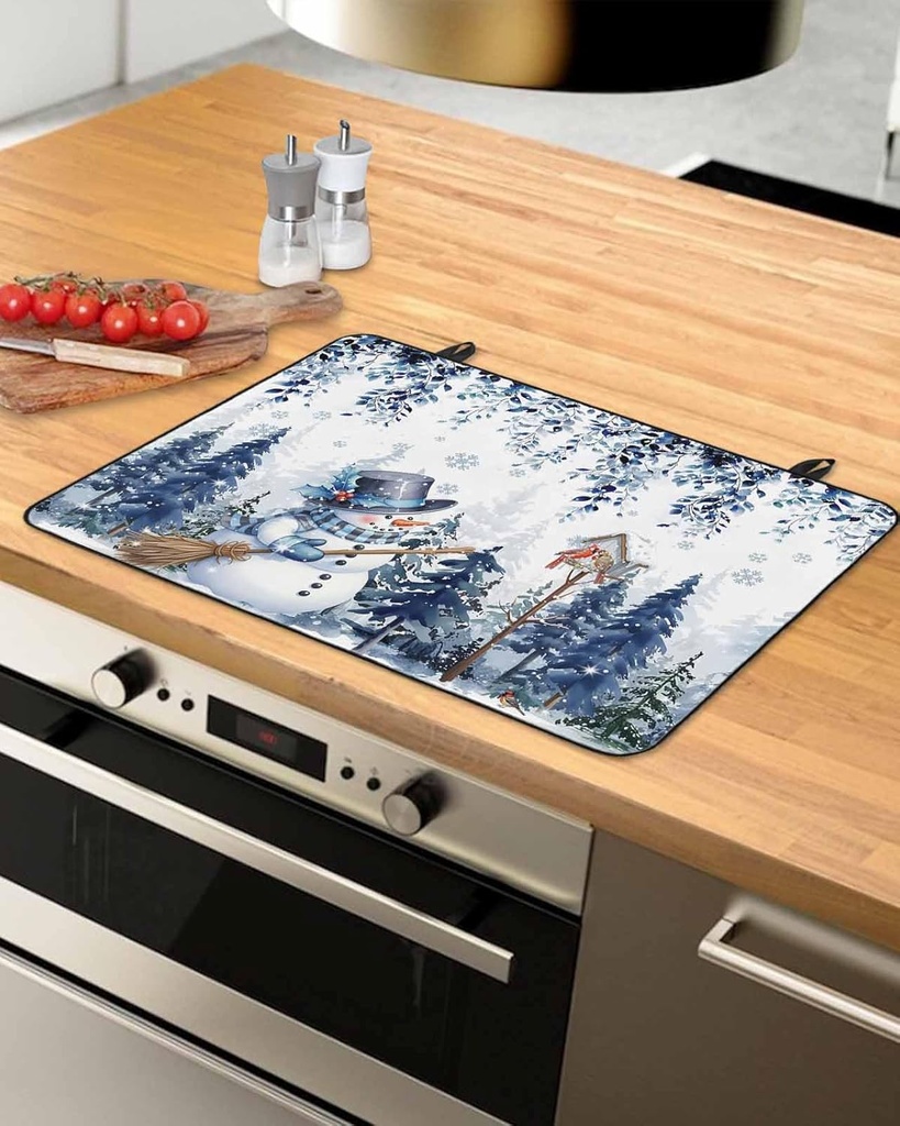 Christmas Countertop Burners Protection Mats for Kitchen, Snowman Blue Eucalyptus Leaves White Rubber Stove Top Cover Mat, Heat Proof Mats Cooktop Cover for Counter Dish Drying Mat, 31"x24"