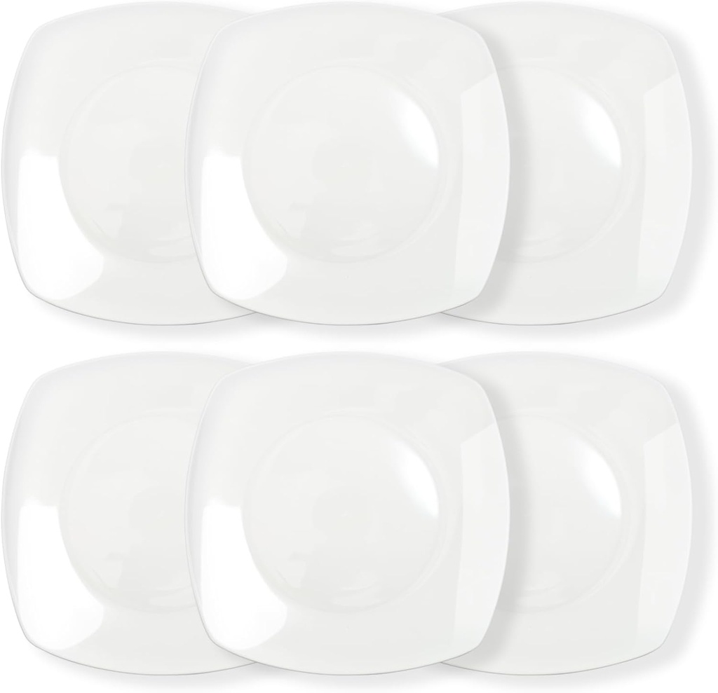 Blcculi 7.5'' Porcelain Dinner Plates,Set of 6 Square Dinner Plates,Porcelain Dessert Plate,White Square Serving Plate for Salad, Pasta, Steak,Snacks