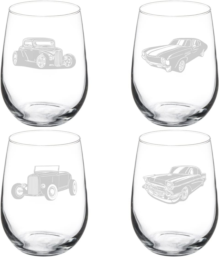 MIP Set of 4 Wine Glass Gift Goblet Classic Cars Hotrod Collection (17 oz Stemless)