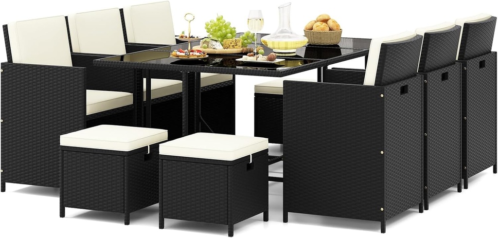 Tangkula 11 Pieces Patio Dining Set, Space-Saving Wicker Chairs & Tempered Glass Table with Ottomans, Thick Soft Cushions, Outdoor Conversation Furniture Set for Garden Yard Poolside
