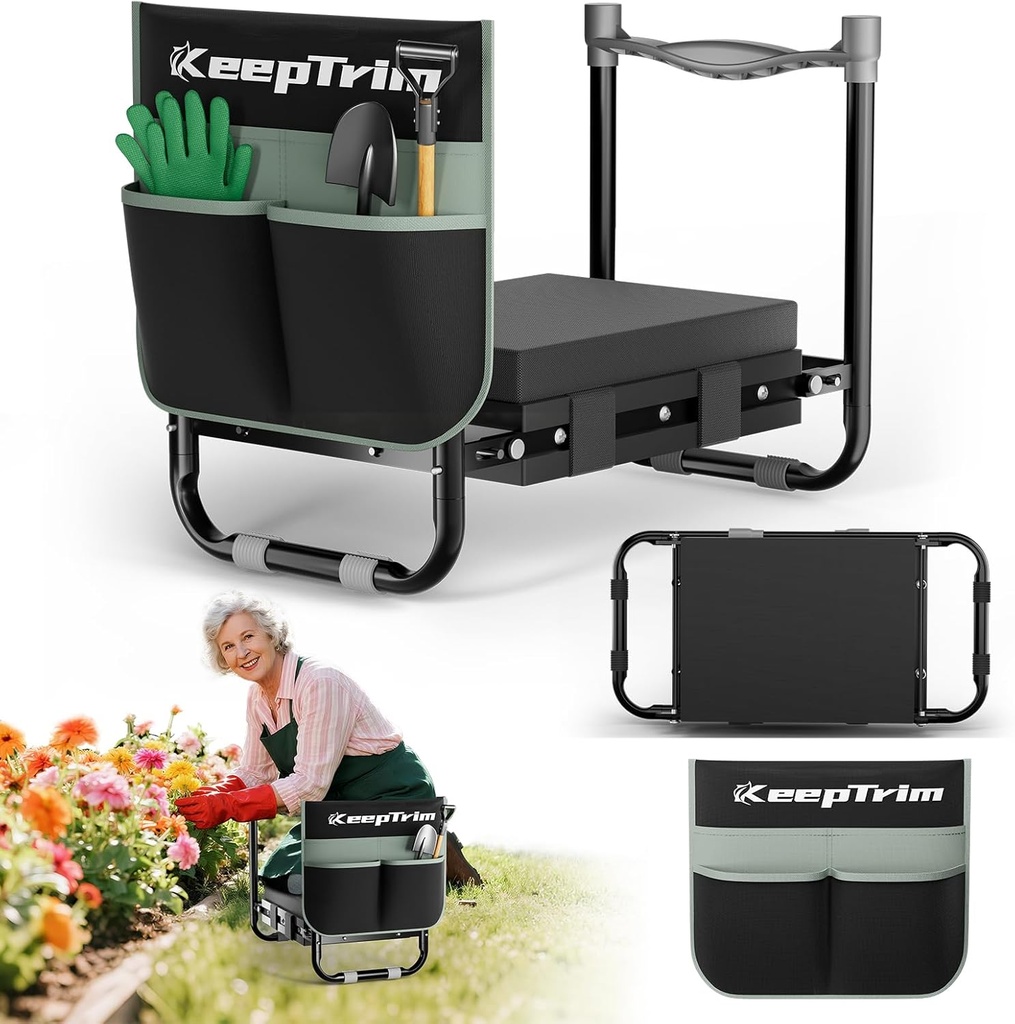 Garden Kneeler and Seat, Foldable Ergonomic Kneeling Bench with Tool Pouch 400 Lbs Heavy Duty 2-in-1 Comfortable Cushioned Kneeling Chair for Gardening Yard Work (Black)
