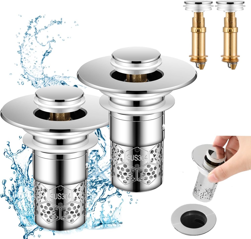 2Pcs Bathroom Sink Stopper with Hair Catcher, Pop Up Sink Drain Filter with Removable Stainless Steel Filter Basket Hair Catcher, for US 1.1''-1.417'' Drain, for Bathroom Sink Stopper Replacement