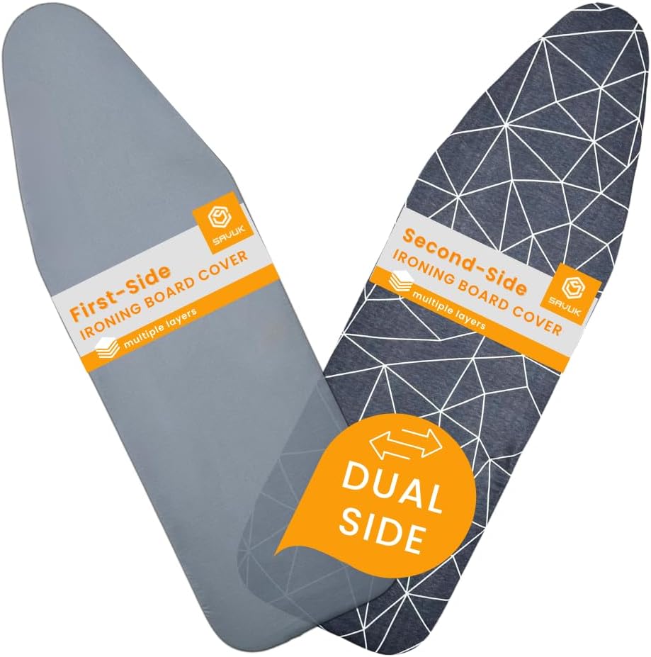 SAVUK Ironing Board Cover and Pad Dual Side X2 Lifetime Double Using Heavy Duty Thick Padding Heat Reflective Non Stick Scorch and Stain Resistant Adjustable 15x54 inch