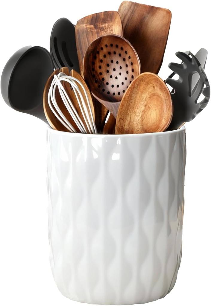 Utensil Holder,7" Large Ceramic Kitchen Utensil Holder for Countertop,Stable Spatula Crock for Farmhouse Kitchen Decor,Cooking Organizer for Counter,White