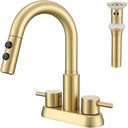 Bathroom Sink Faucet with Pull Down Sprayer 3 Holes, Brushed Gold 4 inch 2 Handles Centerset Laundry Bar Basin Pull Out Faucet with Pop-Up Drain, KBL-MP-6002BG-CL