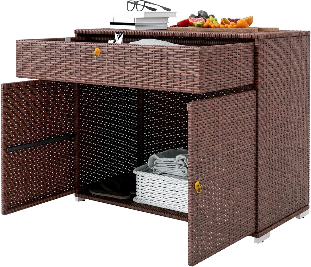 Outsunny Wicker Outdoor Storage Cabinet, Pool Towel Storage Cabinet with Drawer, Freestanding PE Rattan Pool Towel Holder for Indoor, Outdoor Swimming Pool, Spa, Mixed Brown