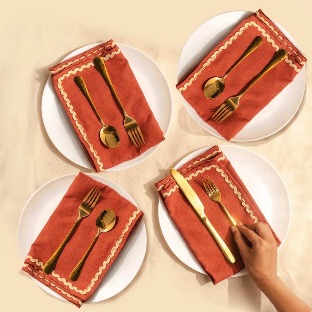 Folkulture Cloth Napkin | Set of 4, 18 inches | Kitchen Table Decor - Reusable Cotton Party Napkin | Burnt Orange, Beige Embroidered Christmas Party Napkin| Cocktail Fall Dinnerware Accessory