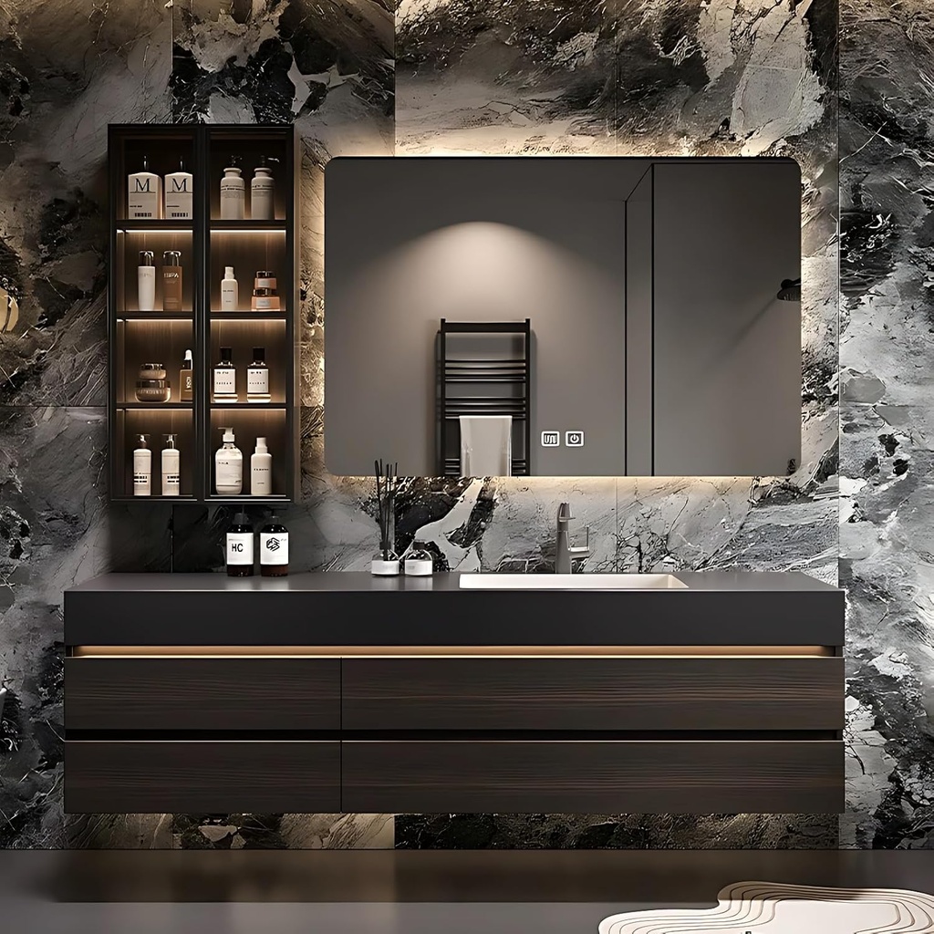 Bathroom Vanity Cabinet with Sink – Modern Floating Vanity Set, Smart LED Mirror, Seamless Design & Durable Lacquer Finish for Efficient Storage (Wood, 48IN)