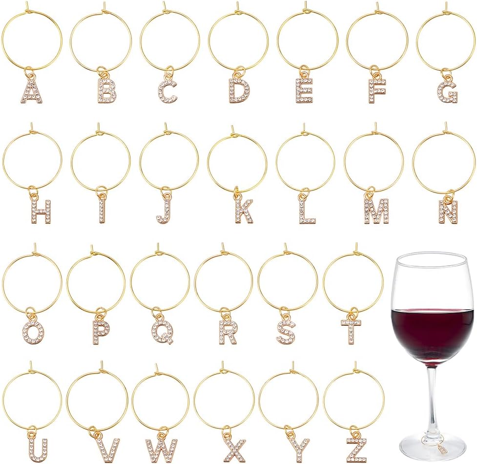 WEBEEDY 26 Pcs Gold Bling Letter Wine Charms with 25mm/1'' Rings Rhinestone Wine Glass Charms for Stem Glasses Identifiers Drink Charm for Champagne Cocktail Goblet Parties Wedding Dinner