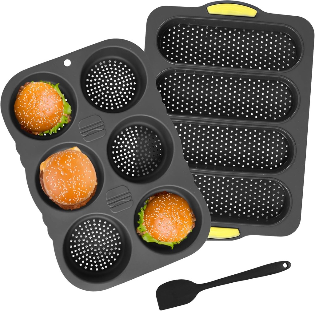 Silicone French Bread Pan and Hamburger Bun Pan Set Baking Set with Spatula 4 Wave French Bread Baking Tray 6 Cup Hamburger Bun Mold Machine Washable Baking Pun for Homemade Bread, Black