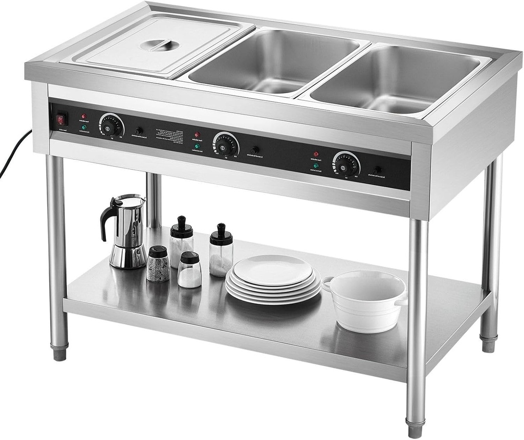 3-Pan Commercial Food Warmer,304 Stainless Steel Electric Steam Table,Independent Temperature Control, Adjustable Height & Undershelf Compatible with Restaurants, Cafeterias, Buffets
