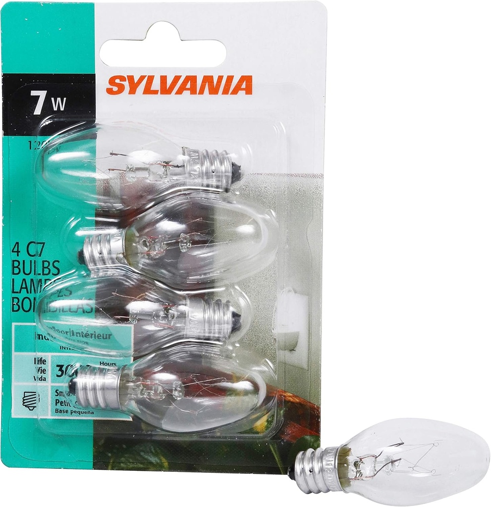 SYLVANIA Incandescent 7W C7 Night Light Bulb, E12 Candelabra Base, 40 Lumens, Clear Finish, 2850K, Warm White - (13545), 4 Count (Pack of 1)