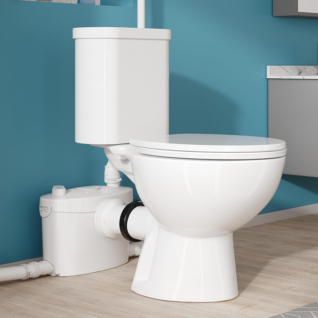 Simple Project Upflush Toilet For Basement With 600 Macerator Pump - Macerating Toilet System (2-piece) With Ac Vent & 4 Water Inltes Included Water Tank, Toilet Bowl, Toilet Seat, Extension Pipe