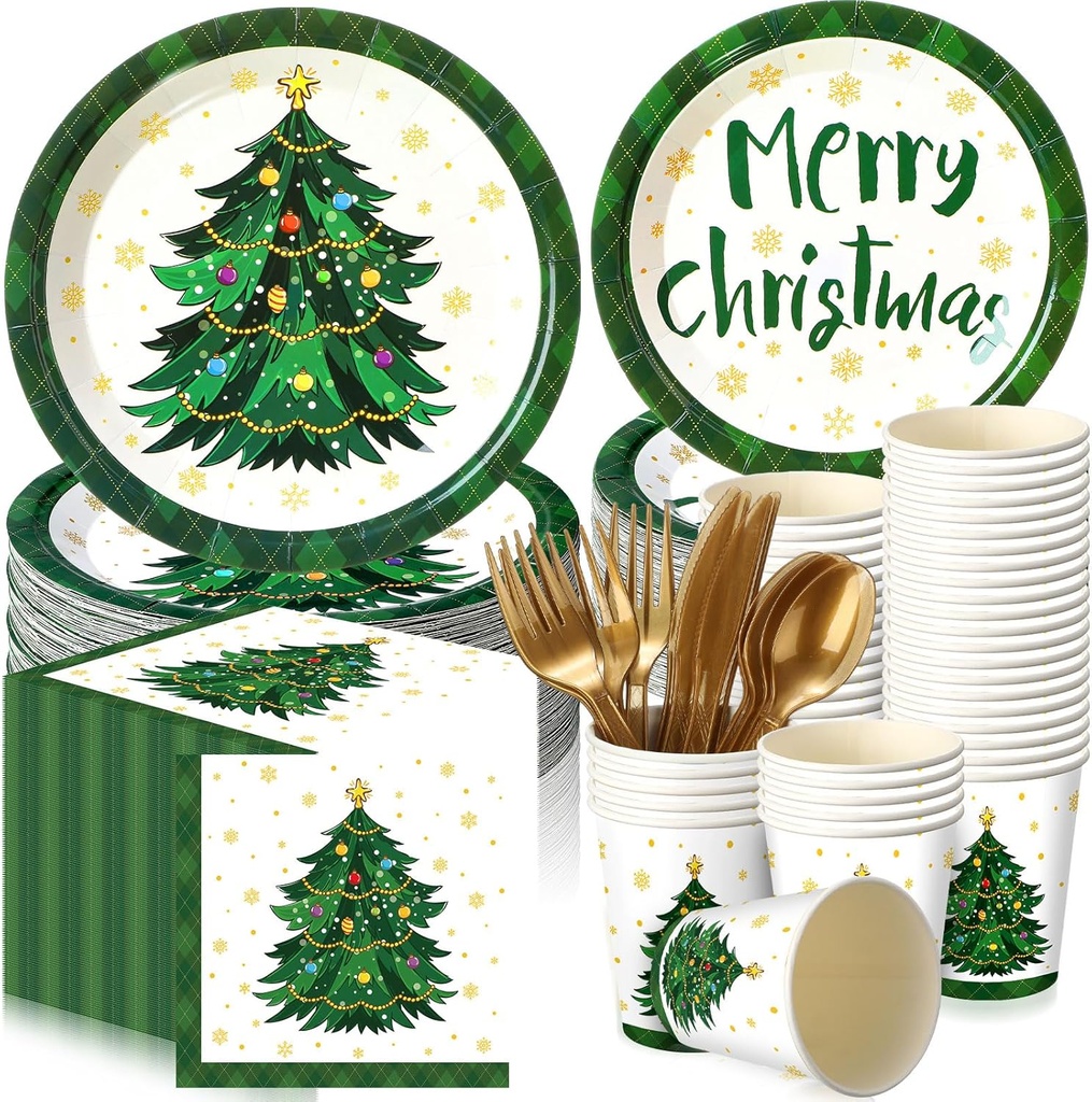 Nitial 240 Pcs Christmas Paper Plates and Napkins Serve 30 Guests Disposable Tableware Set Plates Napkins Cups with Knife Fork Spoon (Green, Christmas Tree Style)