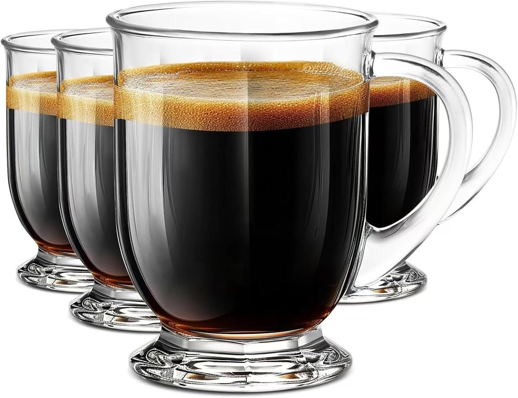 Set of 4 Clear Glass Coffee Mugs with Spoon,16 OZ Large Clear Glass Beer Cups with Handle for Hot Beverages,Tea, Cappuccino, Latte, Espresso, Juice MothersLarge