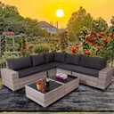 7-Piece Modular Outdoor Sectional Wicker Patio Conversation Set,Outdoor Couch,All Weather Patio Conversation Sets with Washable Cushions and Glass Table (Graywhite-Darkgray)