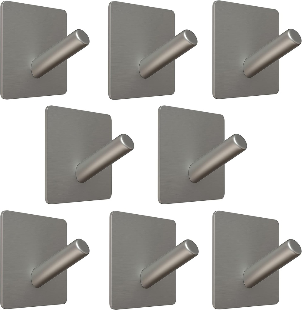 Brushed Nickel Self Adhesive Towel Hooks for Bathroom Wall Door Mounted - SUS304 Stainless Steel Strong Strips Stick on 3M Wall Hooks for Hanging Coat, Hat, Bag, Key, Jacket – 8 Pack