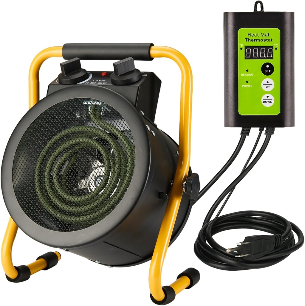 Greenhouse Heater with Digital Thermostat, 1500W Electric Outdoor Heaters for Patio, Fast Heating, Overheat Protection, Dustproof Design for Grow Tent, Green House, Flower Room, BK