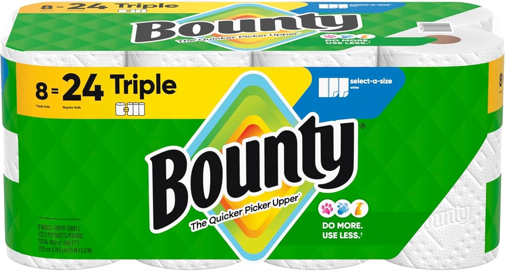 Bounty Paper Towels Select-A-Size, White, 8 Triple Rolls = 24 Regular Rolls