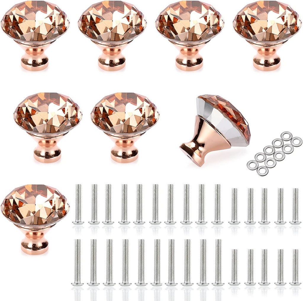 JUXYES 8 Pack 40mm Glass Crystal Cabinet Handles Knobs, Rose Gold Diamond Glass Handle Decorative Drawer Knob Modern Cupboard Door Handle Knobs for Dresser Drawer Cabinet Closet