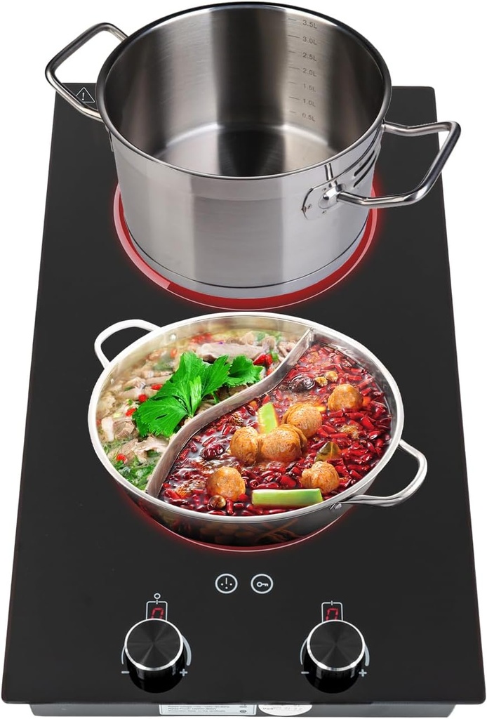 2 Burner Electric Cooktop, 20 Inch Electric Stove Top with Knob Controls, 9 Levels of Heat, Timer Function for Kitchens Apartment, Hotel