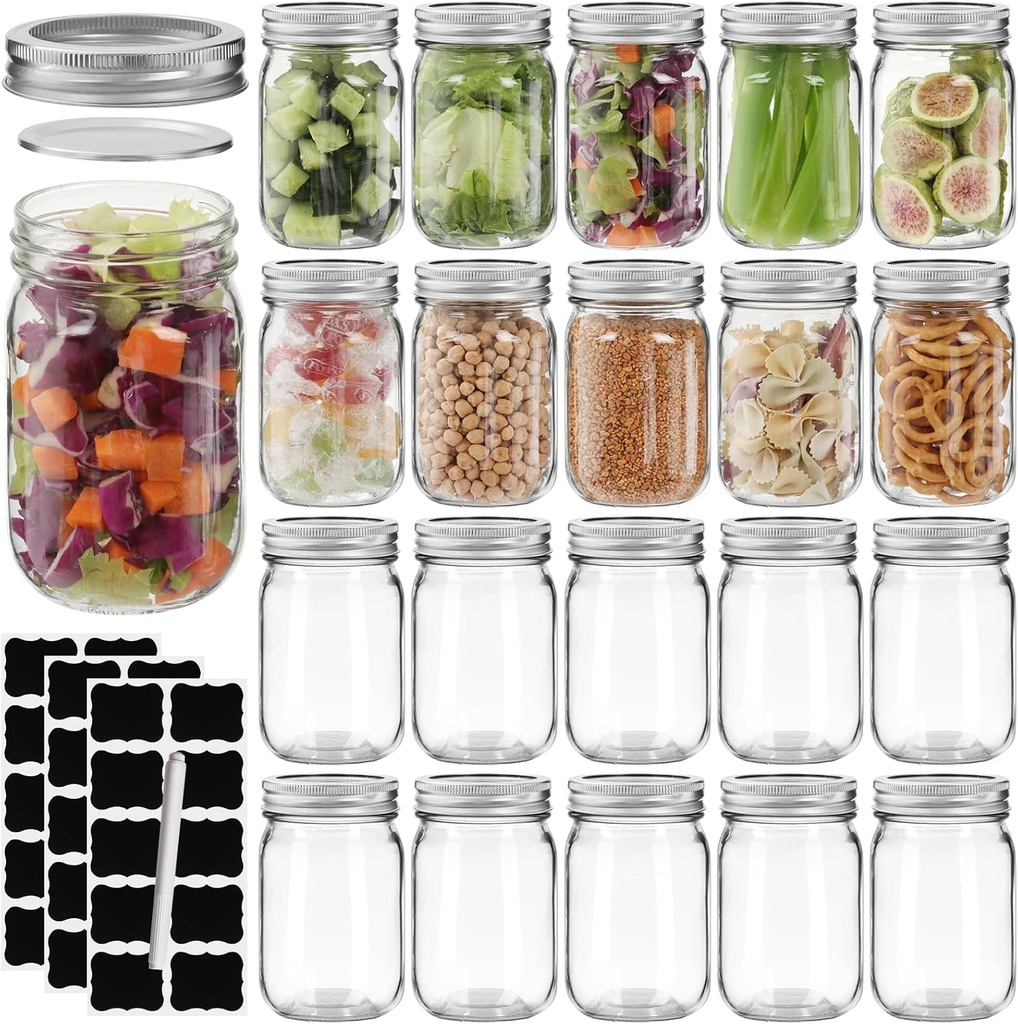 12 oz Mason Jars with Lids 20 Pack - Regular Mouth Canning Jars, Clear Glass Jar for Spices, Dry Goods, Meal Prep, Crafts & Pantry Storage- Includes 30 Stickers & 1 Chalk Pen