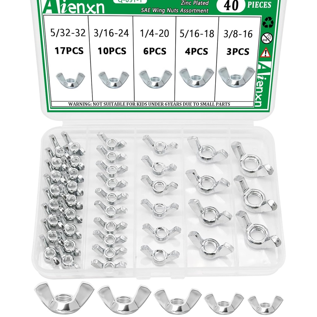 40PCS SAE Wing Nuts Assortment Kit, 5 Sizes- 5/32", 3/16", 1/4", 5/16", 3/8", Zinc Plated Wingnuts Fasteners, Parts Butterfly Wing Nut