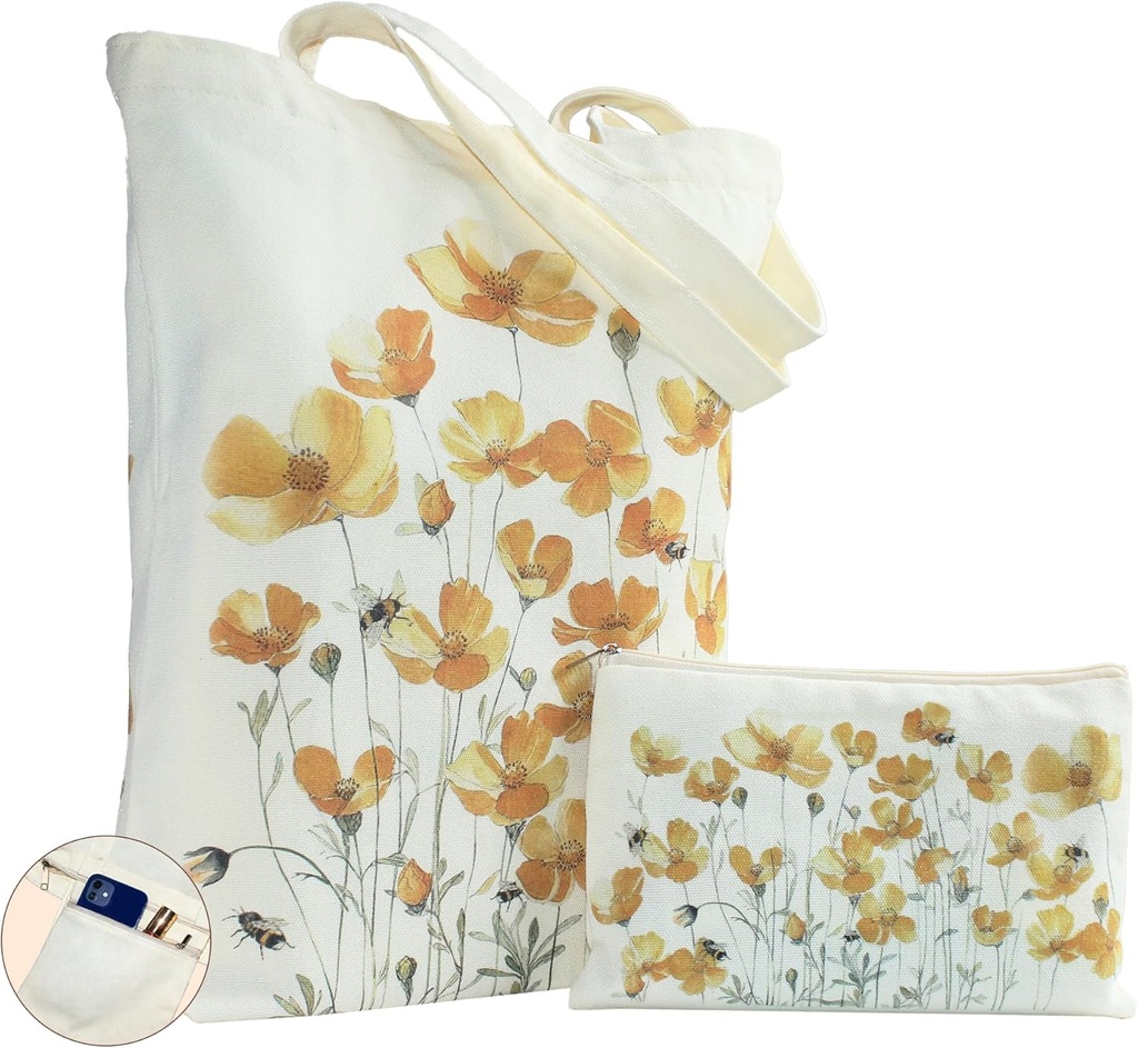 2 Pack Aesthetic Canvas Tote Bag with Zipper Makeup Bag, Reusable Grocery Bags for Shopping, Camping, Library