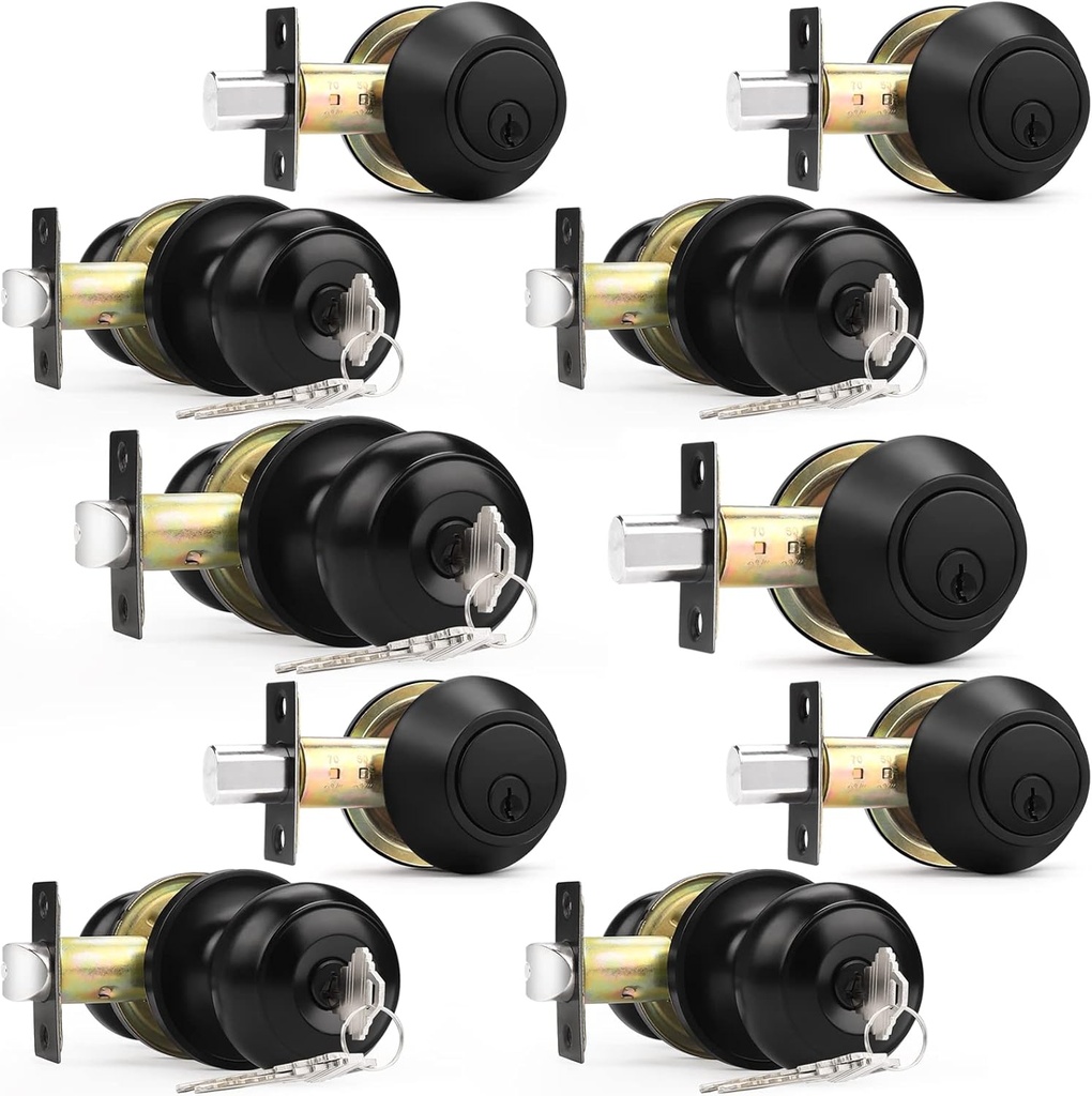 Probrico (5 Pack) Entry Door Knobs Keyed Alike with Single Cylinder Deadbolt Combination, Flat Black