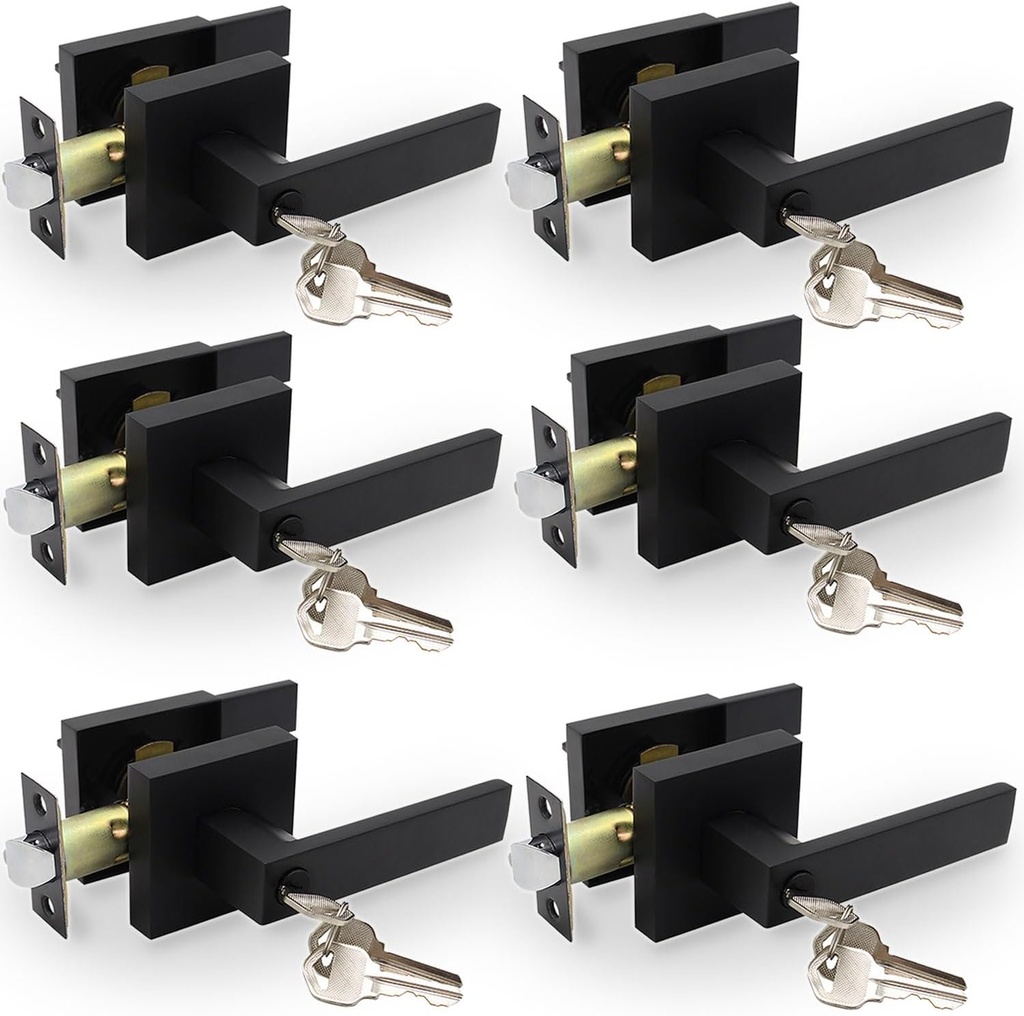 Privacy Door Levers, 6 Pack Matte Black Door Handles Heavy Duty with Lock and Key,for Bedroom, Bathroom and Rooms,Reversible for Left and Right