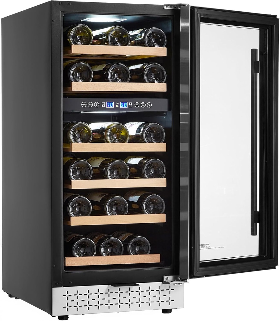 Happybuy 28 Bottle Dual Zone Wine Cooler - A Delight for Wine Aficionados! This mini wine fridge, with a glass door, adjustable shelves, and digital temperature control.