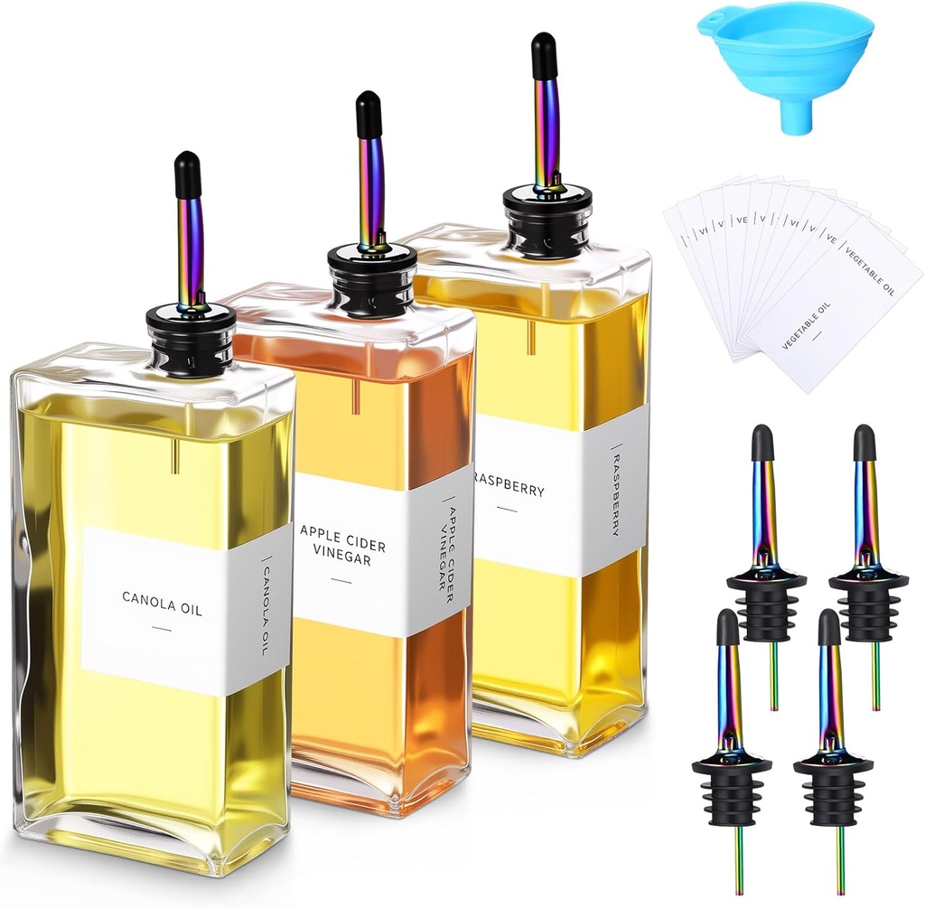 3 Sets Olive Oil Dispenser Bottles for Kitchen with Nozzles Funnel Labels Cooking Oil Dispenser 500ml Set for Kitchen Vinegar Coffee Syrup (Bright Color)