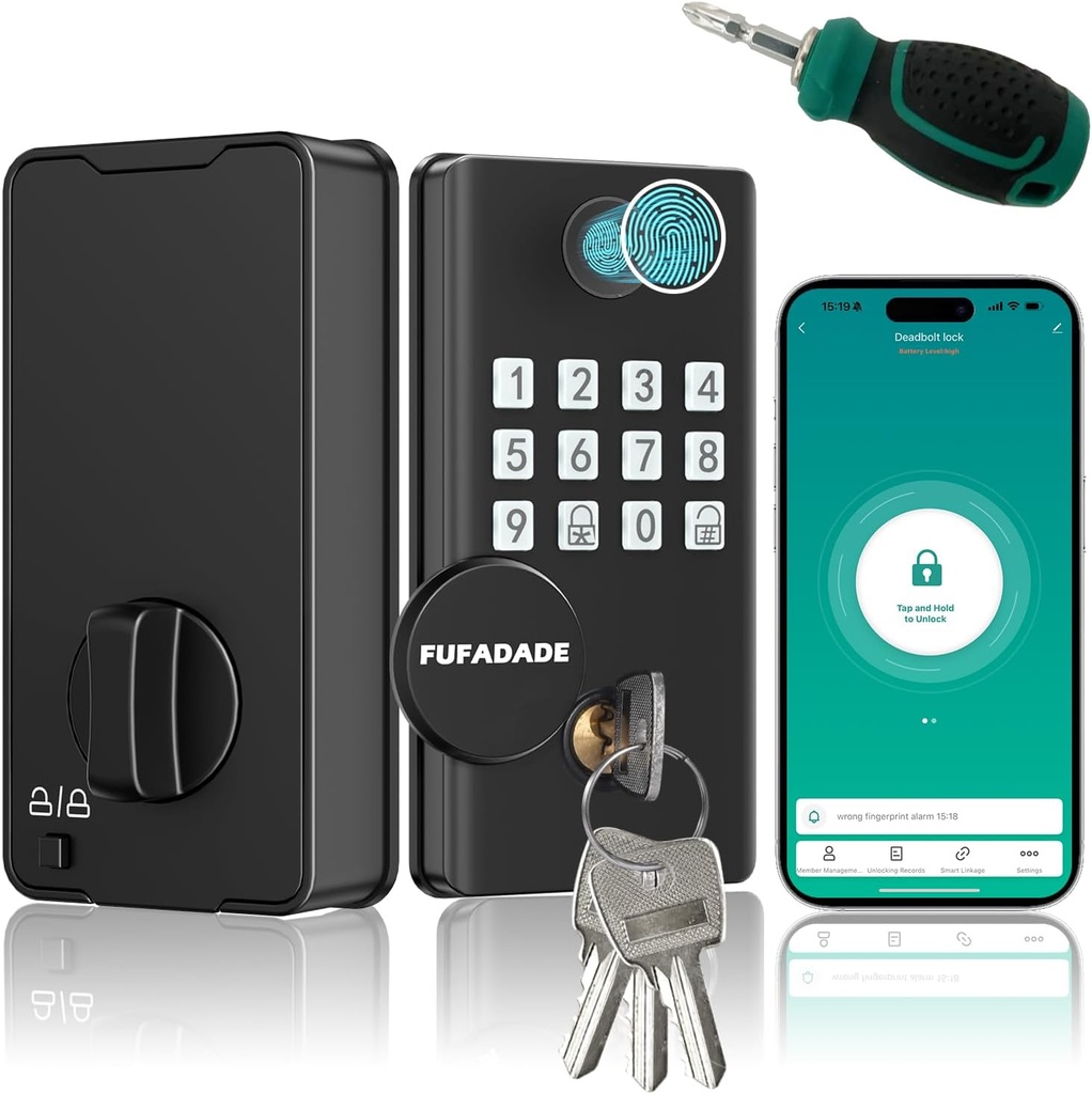 Digital Door Lock with Keypad Set - Fingerprint Door Lock with Keypad Set and 4 Keys - Digital Smart Locks for Front Door - Auto Lock - IP65 - High Security - Easy Install - Includes a Screwdriver