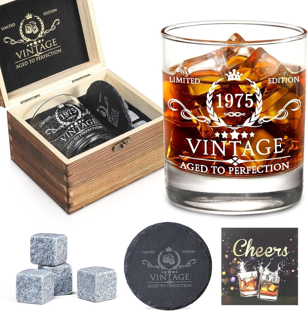 50th Birthday Gifts for Men Whiskey Glass Set - 50th Birthday Decorations, Party Supplies - 50 Year Anniversary, Bday Gifts Ideas for Him, Dad, Husband, Friends - Wood Box & Whiskey Stones & Coaster